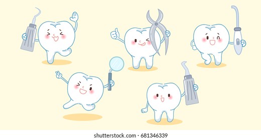 cute cartoon tooth smile happily with tool 