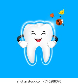 Cute cartoon tooth smiling. Dental care, tooth protection from bacteria concept. Illustration on blue background.