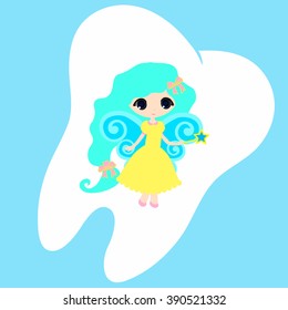 Cute cartoon tooth smiling, Princess Card little happy Tooth Fairy, white on a blue background, teeth vector icon illustration, first tooth logo