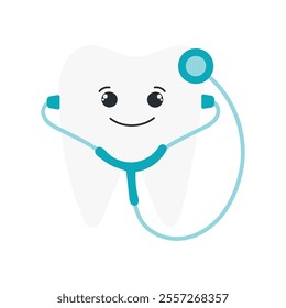 Cute cartoon tooth with stethoscope. Vector illustration of cute sticker, icon for Dentist Day. Happy Dentist's Day Vector Template Design.