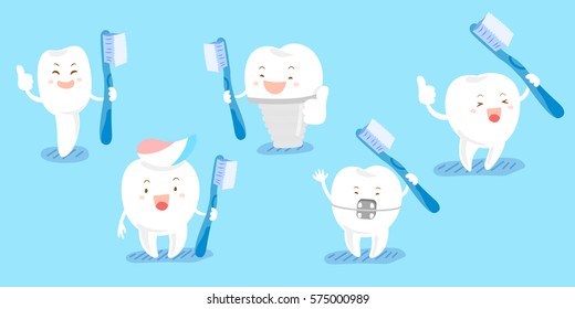 cute cartoon tooth take brush and thumb up