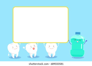 cute cartoon tooth take bullboard with mouthwash on blue background