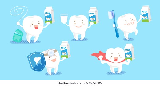 cute cartoon tooth take milk with health concept