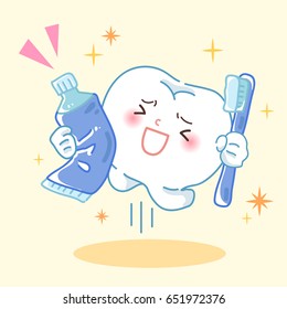 cute cartoon tooth take paste and brush and smile happily 