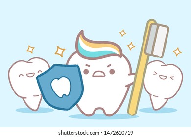 cute cartoon tooth take shield with health concept