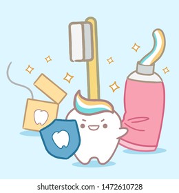 cute cartoon tooth take shield with health concept