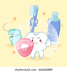 cute cartoon tooth take shield with health concept