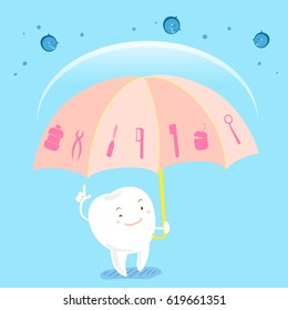 cute cartoon tooth take umbrella with health concept