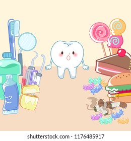 cute cartoon tooth with tool and junk food on yellow background