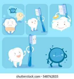 cute cartoon tooth with toothbrush and bacterial