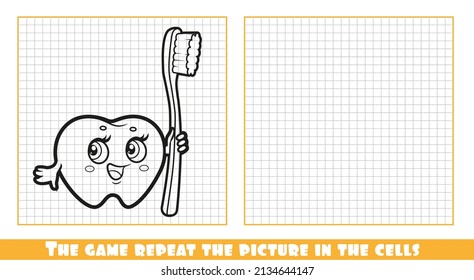 Cute cartoon tooth with a toothbrush the game repeat the picture in the cells