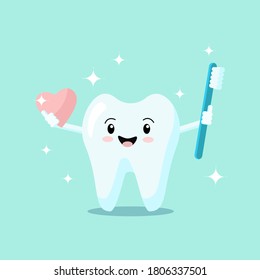 Cute cartoon tooth with toothbrush and heart smiles and shines isolated on green background. Vector flat illustration. Dental concept. Design for banner, card, advertising, promotion clinic