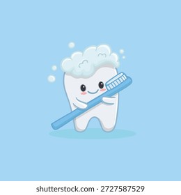 Dente bonito de desenho animado com escova de dentes. Ícone de limpeza dos dentes. Feliz dente de personagem bonito. Conceito de odontologia de higiene oral, cuidados dentários para crianças. Ilustração vetorial 