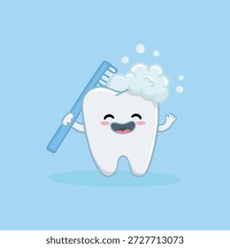 Dente bonito de desenho animado com escova de dentes. Ícone de limpeza dos dentes. Feliz dente de personagem bonito. Conceito de odontologia de higiene oral, cuidados dentários para crianças. Ilustração vetorial 