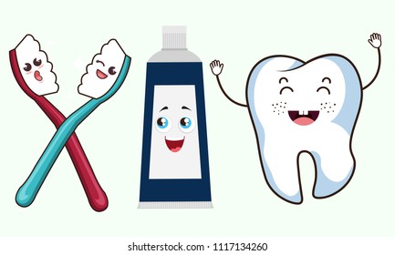 cute cartoon tooth with toothbrush and toothpaste, vector illustration