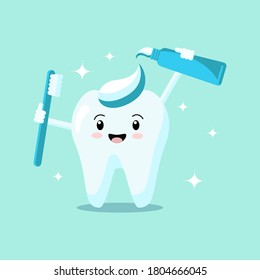 Cute cartoon tooth with toothbrush and toothpaste smiles and shines isolated on green background. Vector flat illustration. Dental concept. Design for banner, card, advertising, promotion clinic