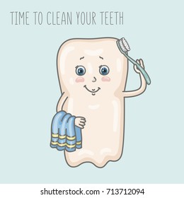 Cute cartoon tooth with toothbrush. Vector illustration