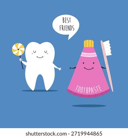 Cute Cartoon Tooth and Toothpaste Character to Illustrate Best Friends and Professional Stomatology Care.