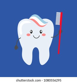 Cute cartoon tooth with toothpaste and toothbrush. Vector illustration isolated on white background