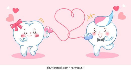 cute cartoon tooth use can phone and speaking happily