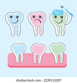 Cute cartoon tooth vector set. baby teeth health and hygiene icons