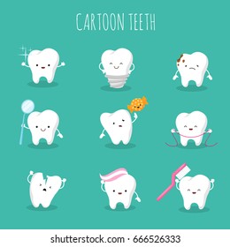 Conjunto de vetor de dente bonito dos desenhos animados. Ícones de saúde e higiene dos dentes do bebê. Cuidados de saúde dentária e proteção, ilustração de odontologia e estomatologia