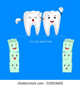 cute cartoon tooth walking on dental floss. Funny dental care concept. illustration