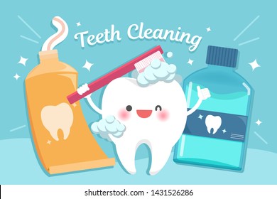 cute cartoon tooth wash itself with toothbrash and toothpaste on green background