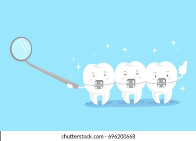 cute cartoon tooth wear brace on the blue background