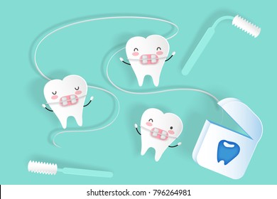 cute cartoon tooth wear brace on the green background