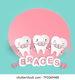 cute cartoon tooth wear braces on the green background