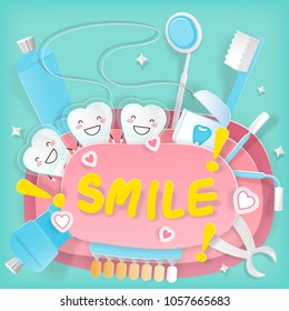 cute cartoon tooth wear invisible braces on the green background