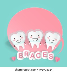 cute cartoon tooth wear invisible braces on the green background