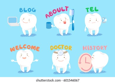 cute cartoon tooth with web design text and icon