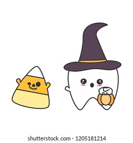 cute cartoon tooth with witch hat and candy corn funny halloween vector  illustration