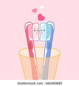 cute cartoon toothbrush kiss together on pink background