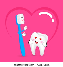 Cute cartoon toothbrush and tooth in love. Dental care concept. Happy valentine's day. Illustration with background of heart.