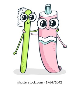 Cute cartoon toothbrush and toothpaste isolated on white
