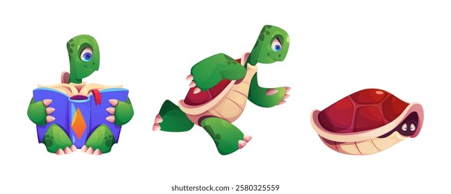 Cute cartoon tortoise characters in different poses - sitting and reading book, running happily, hiding inside red shell. Green turtle mascot showing playful expressions. Funny friendly reptile.