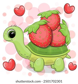 Cute cartoon tortoise holds three strawberry. Vector illustration of an animal on a pink background with hearts.