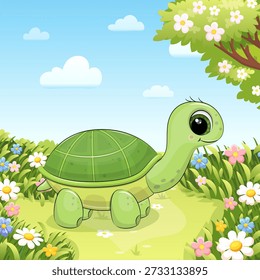 Fofo desenho animado Tartaruga no prado. Ilustração vetor primavera de animal e natureza.