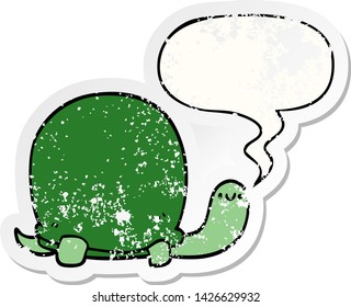 cute cartoon tortoise with speech bubble distressed distressed old sticker