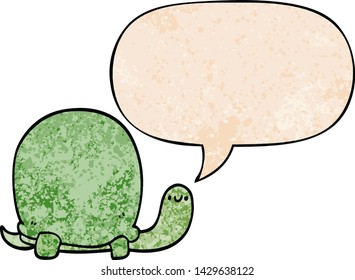 linda tortuga de dibujos animados con burbuja de voz en estilo de textura retro