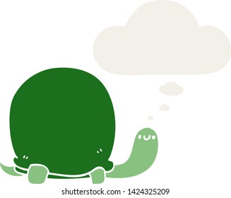 linda tortuga de dibujos animados con burbuja de pensamiento en estilo retro
