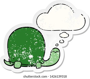 cute cartoon tortoise with thought bubble as a distressed worn sticker
