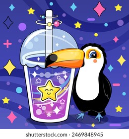 A cute cartoon toucan with a big drink. Night vector illustration of an animal on a dark blue background with stars.