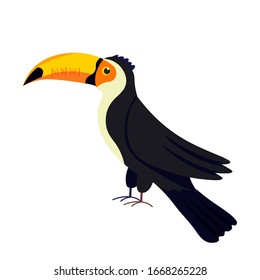 Cute Cartoon Toucan Vogel mit großen gelben Schnabel und schwarz gefärbten Absturz. Exotischer tropischer Vogel einzeln auf Weiß. Zoo wilde Tiere Natur und Fauna. Zoologie und Ornithologie. Vektorillustration