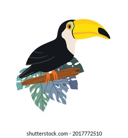 Cute Cartoon Toucan Vogel auf Ast. Vektorgrafik für Einladungen, Karte, Poster. Sommerexotischer Druck. Tropischer Toukan mit Blumenblättern. 