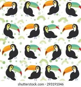 Cute Cartoon toucan birds set on white background, seamless pattern. Vector