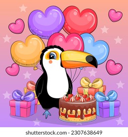 Cute cartoon Toucan birthday with cake, gifts, balloons. Vector illustration of an animal on a purple and pink background with hearts.